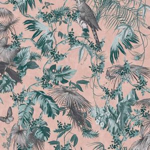 DUTCH-WALLCOVERINGS-Behang-bladeren-en-vogels-groen-en-roze