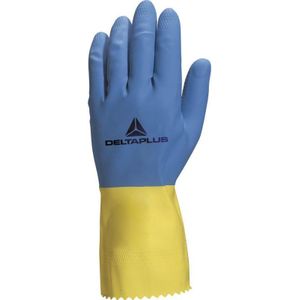 Huishoudelijke handschoen, latex, vlokken, lengte 30 cm, dikte 0,60 mm, kleur: blauw/geel, maat 9/10 paar