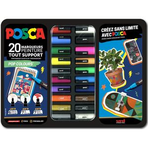Uni-Ball 186832 - POSCA Markerset, 20 acrylstiften in etui, Pop Colours markerset, punt PWE5M 1,8-2,5 mm