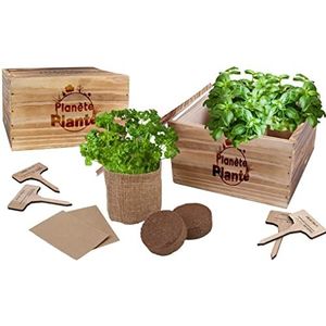 Planète Plante - Bloembak van hout met 4 jute zakken – 4 plantenvarianten – tuinset – 18 cm – vanaf 4 jaar