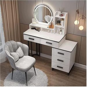 Kaptafel Prachtige ijdelheden MDF ijdelheid bureau led spiegel make-up ijdelheid met laden nachtkastje met make-up stoelen elegant ontwerp Thuis (Color : Blanc, Size : 100CM)