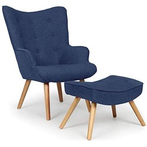 Menzzo fauteuil, Scandinavisch, blauw, met voetsteun, voor woonkamer, stoffen bekleding, poten van hout, zacht en comfortabel, model Lylou | 64 x 48 x 100 cm | zithoogte 42 cm