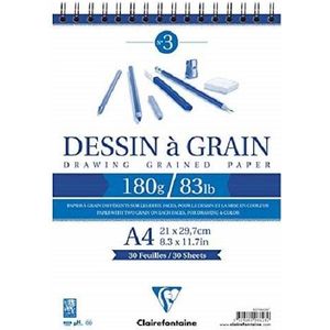 Clairefontaine - Ref 96633C - Witkorrelige tekening draadgebonden papier pad (30 vellen) - A5 formaat, 180gsm papier, wit en korrelig tekenpapier, zuurvrij, pH-neutraal