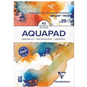 Clairefontaine Goldline Aquapad 975723C Block, gelijmd, aquarelpapier, middelgroot, A2, 42 x 59,4 cm, 300 g, wit, 20 vellen