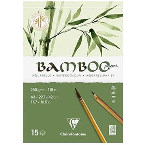 Clairefontaine 975920C – blok gelijmd 1 zijde bamboe – 15 vellen papier 100% bamboe aquarel wit 100% veganistisch – fijn gemarkeerde korrel, professionele kwaliteit, A3, 29,7 x 42 cm, 250 g