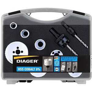 Diager, Gatenzaag, speciale loodgieter, samenstelling 19-25-32-38-44-57-68, 2 Hexa-adapters met centreerboor