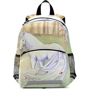 Witte Paard Draw Peuter Preschool Rugzak Boekentas Mini Schoudertas Schooltas voor Pre-K 3-7 Jaar Reizen Jongens Meisjes, Patroon, 10×4×12in