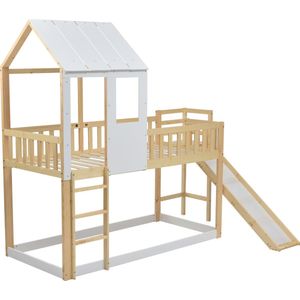 Merax Stapelbed - Bed voor Kinderen met Glijbaan - Huisbed met Valbeveiliging - Naturel & Wit