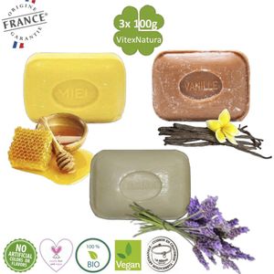 Natuurlijke Marseillezeepjes 3x100g Heerlijke geuren | Zonder kleurstof | Lavendel, Vanille en Honing | Ambachtelijke zeep | Le Sérail | Een echte aanrader onder de zepen!