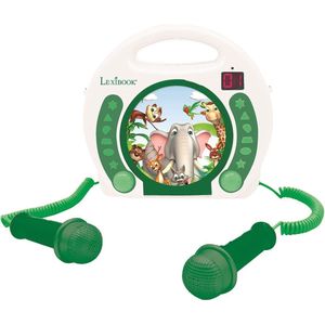 Lexibook - Draagbare dierlijke cd-speler met microfoons, handvat, programmering, herhaling, karaoke, jungle, oortelefoonaansluiting, kind, jongen, meisje, wit/groen, RCDK100ANX
