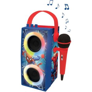 Lexibook Marvel Spiderman-Portable Bluetooth Micro Speaker, Karaoke, Lichteffecten, Draadloos, USB, SD-kaart, Oplaadbare Batterij, Rood/Blauw, BTP180SPZ