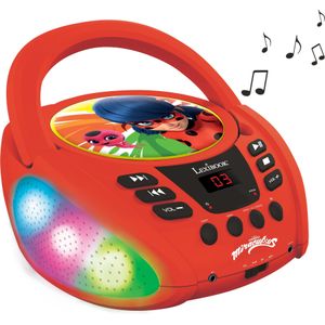 Lexibook, Miraculous Ladybug Cat Noir, Bluetooth-cd-speler voor kinderen - draagbaar, lichteffecten, microfoonaansluiting, aux-ingang, batterij of netvoeding, Rood, RCD109MI