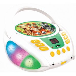 Lexibook - Jungledieren - Draagbare Bluetooth-cd-speler voor kinderen, lichteffecten, microfoonaansluiting, aux-in-ingang, batterij of netvoeding, meisjes, jongens, wit, RCD109ANX