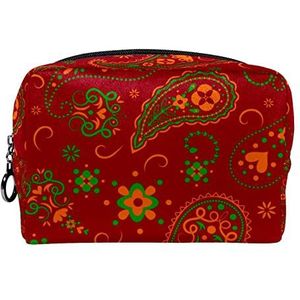 Cosmetische tas voor dames,kleine make-uptas voor portemonnee,Rood groen oranje Paisley,Cosmetische reistas,make-uptasje