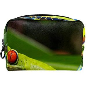 Cosmetische tas voor dames,kleine make-uptas voor portemonnee,Kikker groen blauw oranje blad,Cosmetische reistas,make-uptasje