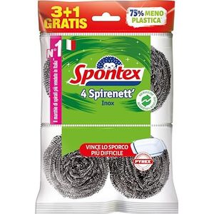 Spontex Spirenett' 3+1, stalen kokers voor het verwijderen van hardnekkig vuil van potten, servies en roosters, 4 stuks