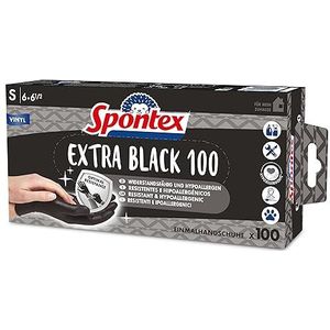 SPONTEX Extra Black wegwerphandschoenen van vinyl, ongepoederd en latexvrij, veelzijdig inzetbaar, in praktische dispenserdoos, maat S, verpakking van 100 stuks, zwart