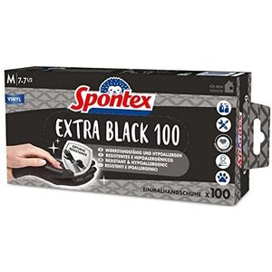SPONTEX Extra Black wegwerphandschoenen van vinyl, ongepoederd en latexvrij, veelzijdig inzetbaar, in praktische dispenserdoos, maat M, verpakking van 100 stuks, zwart