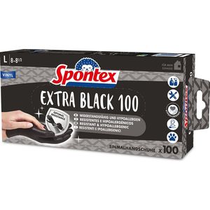 Spontex Extra Black wegwerphandschoenen van vinyl, ongepoederd en latexvrij, veelzijdig inzetbaar, in praktische dispenserdoos, maat L, verpakking van 100 stuks, zwart