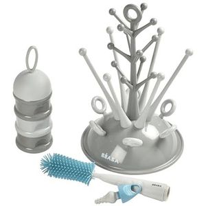 BÉABA, Cadeauset voor geboorte, cadeauset voor geboorte, flessendruppel, boom, grote capaciteit, grijs, melkdoseerdoos, stapelbaar, grijs, siliconen flessenborstel