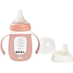 Béaba Trainingsfles 2-in-1 - Glazen waterfles met siliconen hoes - Roze - 210ml