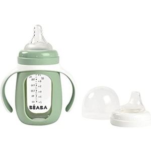 Béaba Trainingsfles 2-in-1 - Glazen waterfles met siliconen hoes - Groen - 210ml