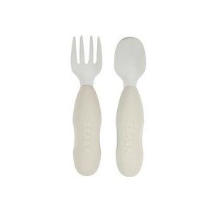 Béaba Set van 2 Roestvrijstalen Bestek - Kinderbestek - Velvet Grey - Ergonomisch Oefenbestek