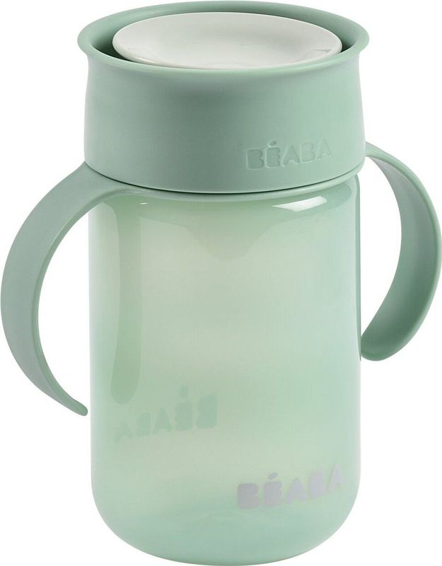 BÉABA, 360° leerbeker met druppelvrije schijf, gepatenteerd anti-leksysteem, vanaf 12 maanden, afneembare handgrepen, met hygiënisch deksel, robuust en licht, 340 ml, saliegroen