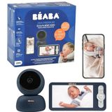 BÉABA, Babyfoon, 2-in-1 video-babyspeler, speciale mobiele scherm/app, HD-camera, 360 graden draaibaar, nachtzicht, walkietalkie, slaapliedjes, temperatuur- en vochtigheidsregeling, Zen Premium Blauw