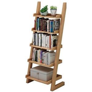 Boekenkast Ladderplank 5-laags leunende plank Vrijstaande boekenplank Boekenkast Massief houten opbergrek Planken, plantenbloemstandaard Slaapkamer (Color : Wood, Size : 60.5 * 29 * 140cm)