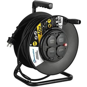 Electraline 208678 kabelhaspel professioneel, 40 m, voor bouwplaats, stopcontacten IP44, met geleiding voor kabels, vaste printplaat en ergonomische handgreep, zwart