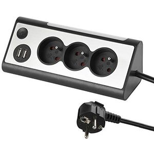 Electraline 35430, stekkerdoos, 3 stopcontacten, 2 USB-poorten, aan/uit-schakelaar voor het uit/inschakelen van de led, kabel 1,5 m, grijs/zwart