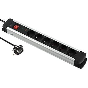 Electraline 35436 Alu-Line stekkerdoos met 6 stopcontacten, met behuizing van aluminium en overspanningsbeveiliging, 2 m, zwart
