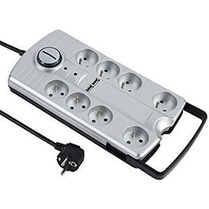 Electraline 35456 stekkerdoos met 8 stopcontacten met 2 USB-poorten 2,1 A, met voetschakelaar, draagbaar en steekbaar, met uittrekbare handgreep, verlengkabel 1,5 m, zwart