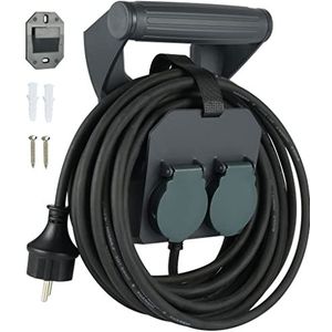 Electraline 01676 verlengkabel IP44 (10M kabel, H05RR-F 3G1.5, voor buitengebruik en gebruik op bouwplaatsen), met ergonomische handgreep met twee Schuko stopcontacten