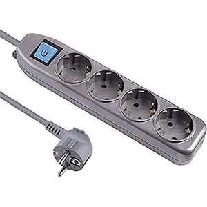 Electraline 62060 Stekkerdoos 4 voudig met Schakelaar, Kabel 1.5 M, Meervoudige Stekkerdoos, Tafelstekkerdoos, Zilver