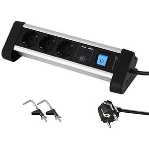 Electraline 62553 stekkerdoos voor werktafel, met 3 geaarde stopcontacten + 2 USB-poorten 2,4 A, 2 M, bevestiging met 2 houders, metaal