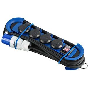 Electraline 62576 Professionele buitenstopcontactstrip, CEE-stekker, 4 Schuko-stopcontacten met IP44-stekker, hangend met 2 haken, 3 m rubberen kabel H07RN-F 3G1.5, geschikt voor kamperen,Blauw/Zwart