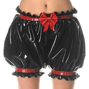 Zwarte en rode strikken versieringen Sexy latex bloeiers boxershort met losjes smokwerk rubberen onderbroek ondergoed