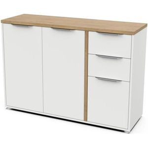 Demeyere Modern dressoir met 3 deuren en 2 laden, Scandinavische stijl, kleur mat wit en Hamilton eiken, 121,5 x 39,6 x 85,6 cm