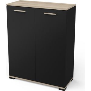 Demeyere Klein dressoir met 2 deuren te openen, spaanplaat, eigentijdse stijl, voor woonkamer, L 79,7 x D 35,1 x H 101,7 cm, zwart/hout, L 79,7 x D 35,1 x H 101,7 cm