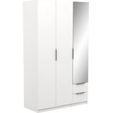 Demeyere Kledingkast met spiegel en moderne kledingkast 3 deuren 2 laden 4 nissen - Kleur: wit mat - 119, bewerkt hout, 119,4 x 51,1 x 203 cm