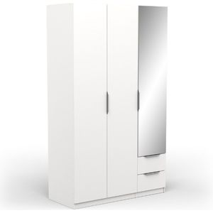 Demeyere Kledingkast met spiegel en moderne kledingkast 3 deuren 2 laden 4 nissen - Kleur: wit mat - 119, bewerkt hout, 119,4 x 51,1 x 203 cm