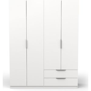 Demeyere Moderne kledingkast met kledingkast, 4 deuren, 5 planken, 2 laden, kleur: wit mat, 157,3 x 51,1 x 203 cm