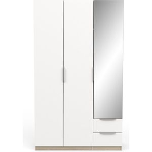 Demeyere Kledingkast met spiegel en moderne kledingkast 3 deuren 2 laden 4 nissen - Kronberg eiken & mat wit 119, bewerkt hout, 119,4 x 51,1 x 203 cm