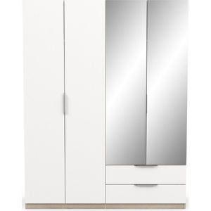 Demeyere Kledingkast met spiegels en kledingkast, modern, 4 deuren, 5 planken, 2 laden, kleur: Kronberg eiken en wit mat, 157,3 x 51,1 x 203 cm