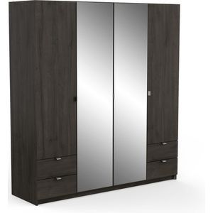 Melinda - Kleerkast - Zwart - Spaanplaat - 4 Draaideuren 4 Lades 6 Legplanken 2 Kledingroedes