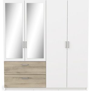 Belfurn - Ready - 4 deurs kledingkast met 2 spiegeldeuren 179x192cm in dekor wit met eik