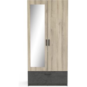 Belfurn - Ready - 2 deurs kledingkast met 1 spiegeldeur 89x192cm in dekor eik met zwart