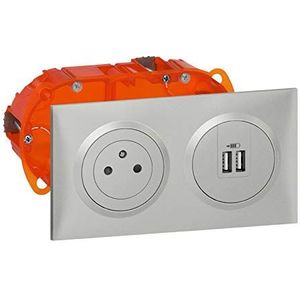 Legrand LEG300408 KIT2P + T / 2XUSB PREC stopcontactenset met 2 USB type A douxatie 2,4 A voorbedraed, aluminium afwerking, oranje en grijs